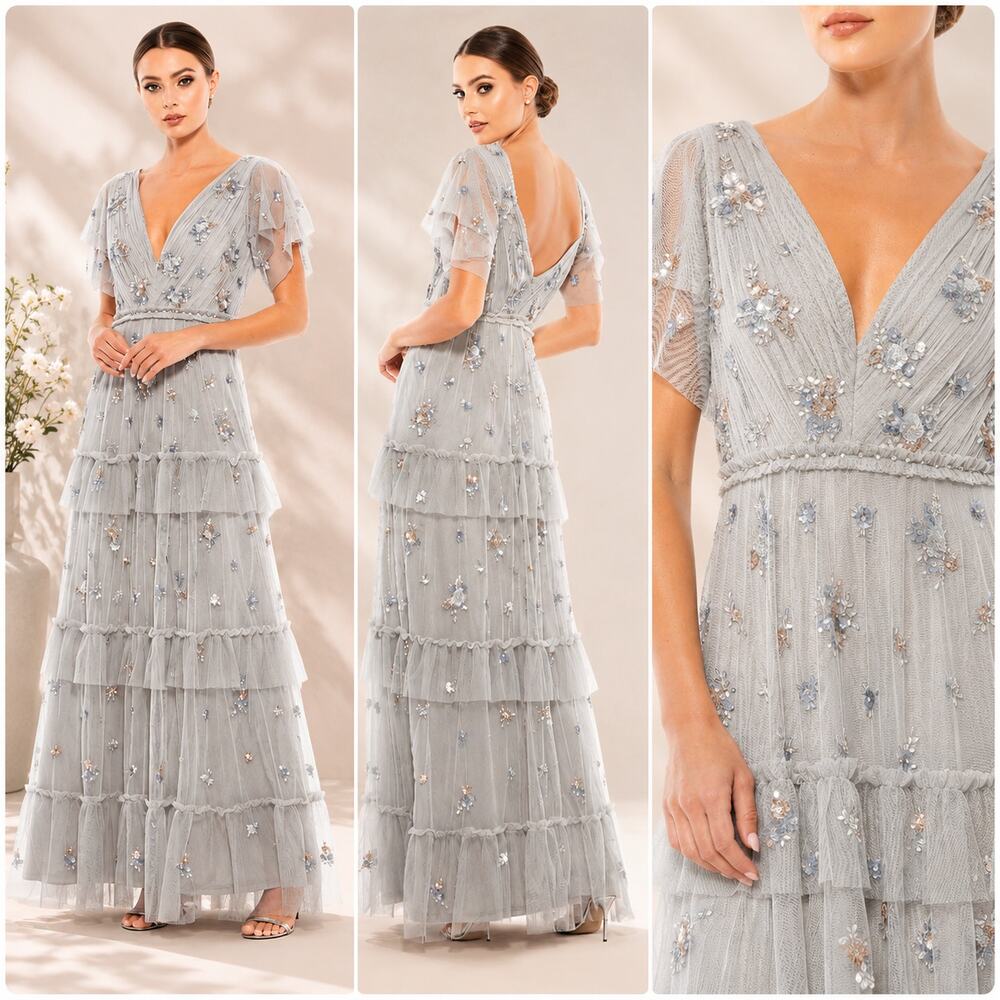Mac Duggal 9068 Gray Ruffle Tiered Embellished Flutter Sleeve Gown Maxi Dress 4